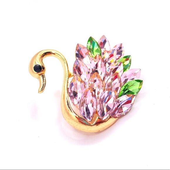 Gold pink rhinestone swan brooch pin - Picture 2 of 4